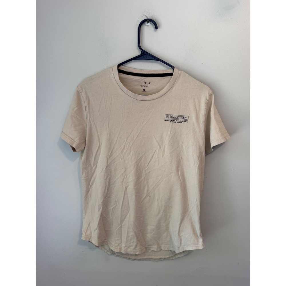 Hollister Mens Tan Floral Glitch Graphic Curved Hem T-Shirt Small Beige Logo Tee